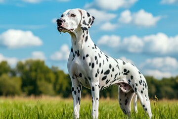 Elegant Dalmatian standing on grass under sunny sky