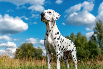 Elegant Dalmatian standing on grass under sunny sky