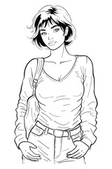 Black and white line art illustration depicts a confident and stylish woman with short hair. Dressed in a long-sleeve shirt and jeans with her hands in her pockets, she exudes a modern, casual charm.
