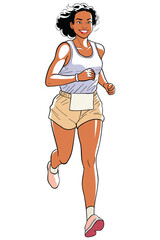 A vibrant, colored cartoon illustration depicts a confident sportswoman jogging. Dressed in sportswear with a race number, she embodies fitness, a healthy lifestyle, and active movement. running idea.