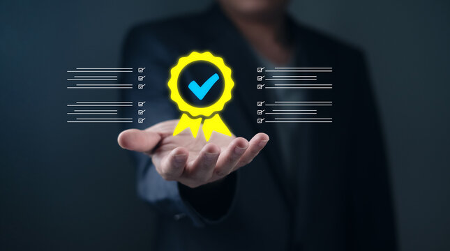 Quality assurance concept checklist. Digital quality standards, certification A person a digital checklist and certificate, achievement and verification guarantee control and service workflow business