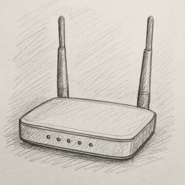 Realistic Pencil Sketch of Wi-Fi Router with Dual Antennas &ndash; Hand-Drawn Tech Illustration