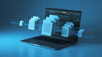 Laptop displaying a futuristic interface with numerous digital documents emerging from the screen