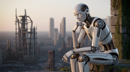 A humanoid robot sits thoughtfully on a ledge, overlooking a futuristic cityscape with towering skyscrapers.