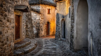Sunlight streams down a narrow alleyway between ancient stone buildings.