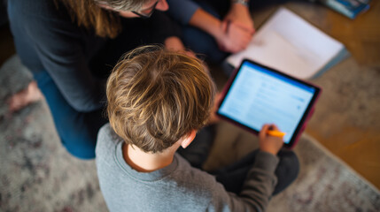 Focused child using digital tablet while lying on living room floor, AI Generated
