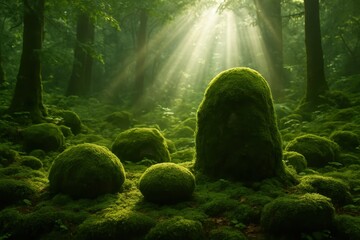 Mystical forest clearing with moss-covered stones and filtered sunlight creating natural product showcase environment