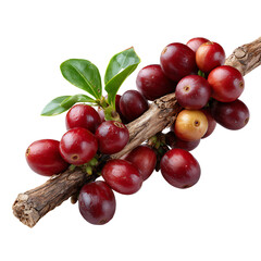 Fresh Coffee Cherries on Branch with Green Leaves Isolated on White Background