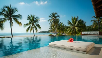 Obraz premium Paradise Poolside: A luxurious resort pool mirrors the vibrant blue sky, overlooking a pristine beach fringed with swaying palm trees. This idyllic scene embodies relaxation and tranquility.