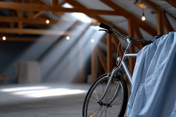 A vintage bicycle leans against a wall in an attic, illuminated by sunbeams streaming through the rafters, creating a serene and nostalgic atmosphere of solitude.
