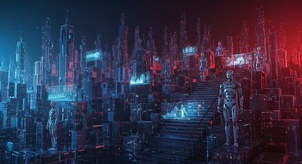 Fototapeta premium Futuristic Cyberpunk Cityscape with Robotic Figures and Data Displays, Rendered in Neon Red and Blue Hues