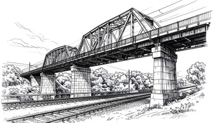 Fototapeta premium Detailed ink drawing of a railway bridge with a clear sky background, evoking a sense of engineering