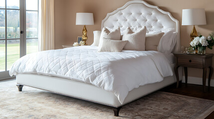 A bright bedroom featuring a white tufted headboard and matching bedding with a bedside table