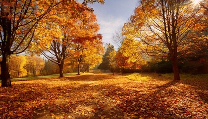a calm autumn day with golden leaves falling softly from trees capturing the peaceful beauty of nature s changing seasons