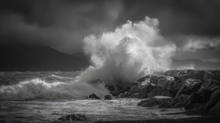 Crashing Wave on Rocky Coast, Ocean Storm, moody background, risk analysis use