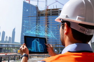 Construction worker uses tablet with holographic building plans on site