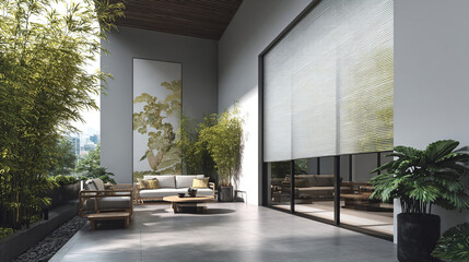 Varanda sofisticada com persianas de alum&iacute;nio e mobili&aacute;rio clean, oferecendo um ambiente privado e ensolarado para momentos de tranquilidade.