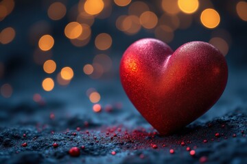 A shiny red heart on a dark surface with blurred lights in the background