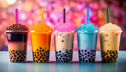 creative boba tea cups with vibrant colors and unique toppings displayed in a fun and lively setting