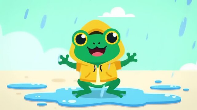 Happy Frog in Rain with Yellow Hoodie.