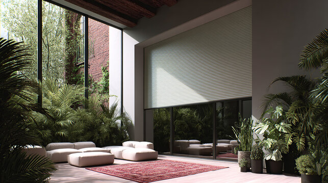 Roller blinds and minimalist furniture in a room that blends into a lush indoor garden, creating a haven of peace.