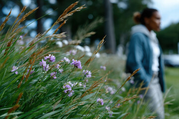 A blurred image of a woman walking in a grassy field surrounded by blooming wildflowers, invoking a sense of peace, freedom, and connection to nature's beauty.