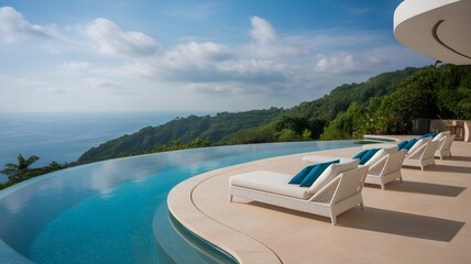 Fototapeta premium Luxury Resort with Infinity Pool: A breathtaking view from the top of the world featuring a luxurious infinity pool, plush seating, overlooking the scenic vast ocean under a beautiful sky