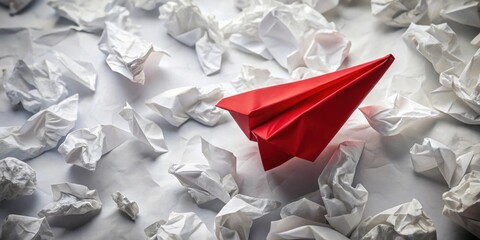 A vibrant red paper airplane soars above a field of crumpled white paper, symbolizing the triumph of a successful idea over discarded attempts.