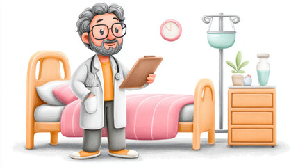 A doctor reviewing a medical chart at a hospital setting.