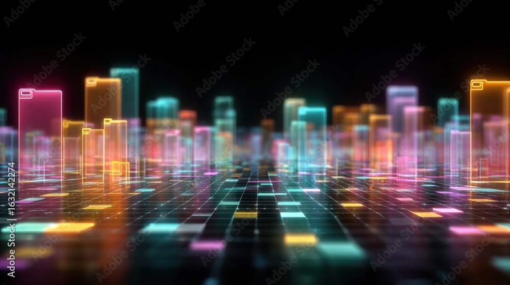 Poster abstract network grid with files and folders, futuristic software interface, digital document manage