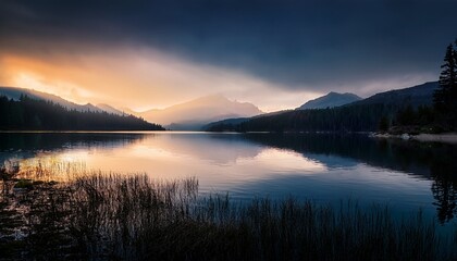 Fototapeta premium lake before dawn dark shot early dawn