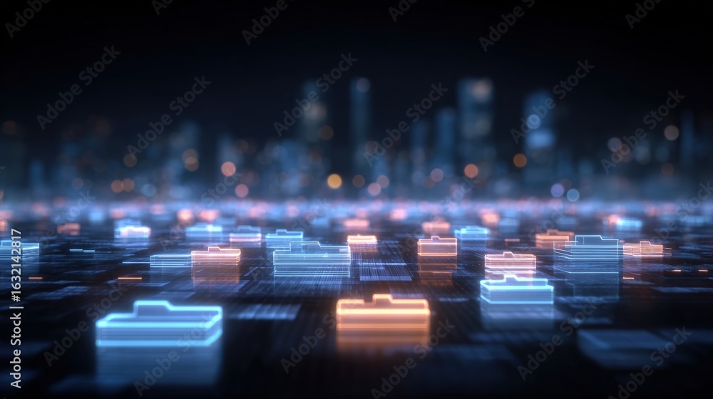 Poster abstract network grid with files and folders, futuristic software interface, digital document manage