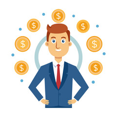 Successful businessman surrounded by flying dollar signs symbolizing wealth, investment, income growth, financial freedom, and economic success illustration