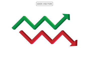 Intertwined upward green and downward red arrows showing market dynamics. Business graph chart arrow 3d. Transparent PNG vector