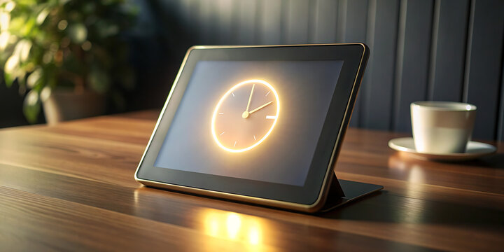 A tablet displaying a glowing clock face sits on a wooden table next to a cup of coffee, symbolizing time, technology, and modern lifestyle