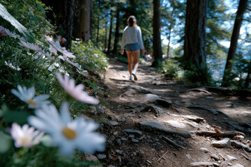 A picturesque scene capturing a young woman walking along a forest path, embraced by vibrant flowers, emphasizing the adventure and beauty of exploring nature.