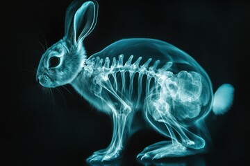 Obraz premium Veterinary X-ray scan of rabbit skeleton in cyan glow