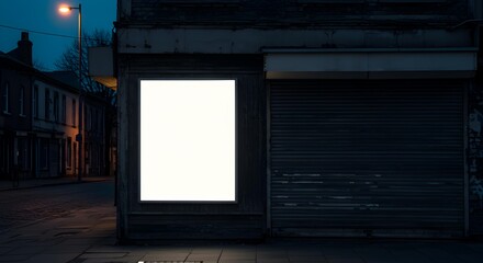 Blank Vertical Sign Mockup on Boarded-Up Storefront at Night