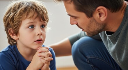 A young boy and a man sitting on the floor, engaged in a conversation.