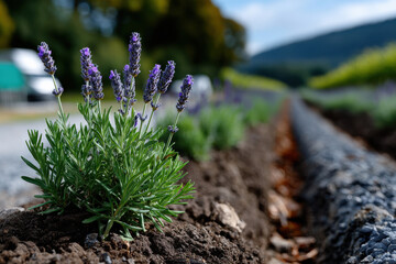 A close-up of vibrant lavender plants growing in a row, representing beauty and tranquility while highlighting the agricultural artistry and nature's scented gift.