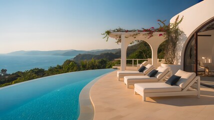 Fototapeta premium Luxurious Resort with Infinity Pool: A stunning coastal villa epitomizes luxury, featuring an expansive infinity pool that merges seamlessly with the breathtaking horizon. Relaxing on a sunbed.