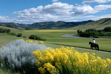 A tranquil scene unfolds as a horseback rider explores rolling green hills, with vibrant wildflowers adding beauty to the landscape and inviting a sense of adventure and peace.
