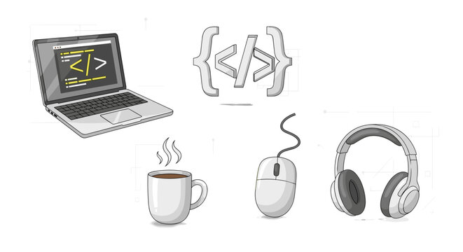 Illustration showing a laptop with code, code symbol, coffee, mouse, and headphones on a white background