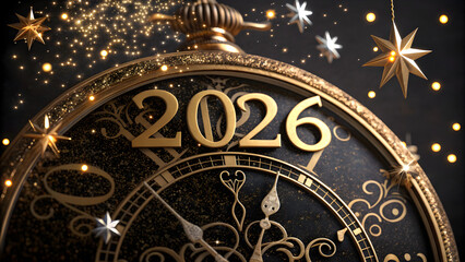 Elegant 2026 New Year celebration with golden clock and sparkling stars
