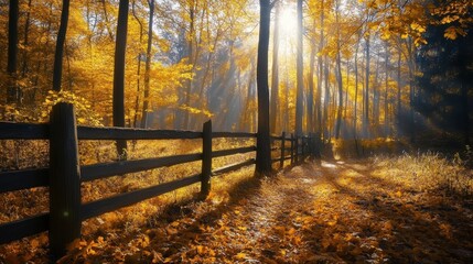 Autumn sunlight filters through golden leaf in forest with wooden fence