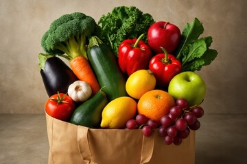 Sustainable grocery shopping concept with eco-friendly paper bag filled with organic vegetables and fresh fruits