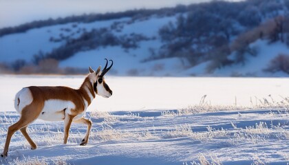 pronghorn antelope walking across icy terrain in a winter landscape with snow covered ground