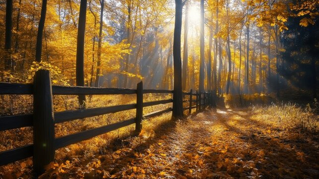 Autumn sunlight filters through golden leaf in forest with wooden fence