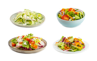Cucumber salad isolated on white background. Homemade salad with fresh vegetables, cucumber, tomato, sweet pepper and lettuce in a plate. Vegetarian spring salad. Vegetarian diet. Healthy eating.