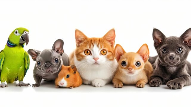 Charming group pets against pristine white backdrop, including vibrant parrot, bulldog puppy, guinea pig, ginger cat, kitten, chihuahua. Their expressive eyes sparkle in light.
